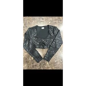 HIIT Womens Black Zebra Print Long Sleeve Crop Top Keyhole Cutout Size L